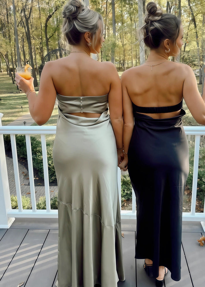 April | Sheath Strapless Skeleton Olive Green Satin Maxi Bridesmaid Dress with Backless and Buttons - Price #price_variant_lowest# - Olive Green - PromDressClub