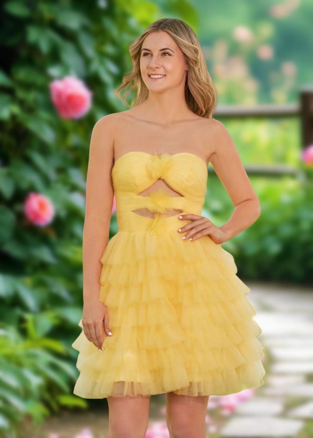 Arabella | A Line Yellow Tulle Strapless Ruffle Short Homecoming Dress - Yellow - PromDressClub