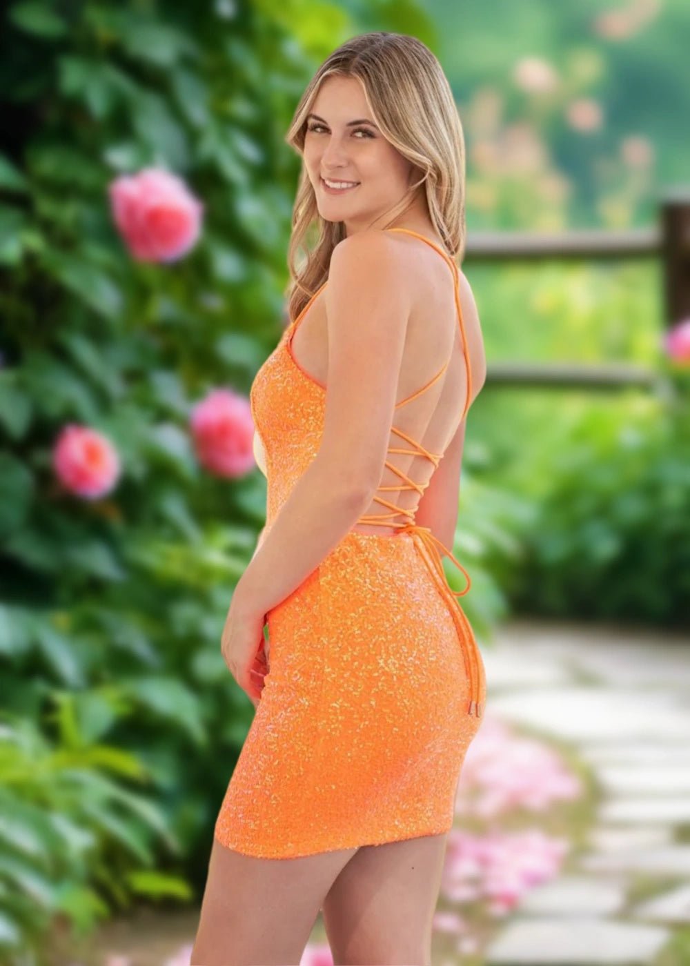Arlene | Bodycon Orange Sequin Open Back Homecoming Dress - Stylish Scoop Neck Designs - Orange - PromDressClub