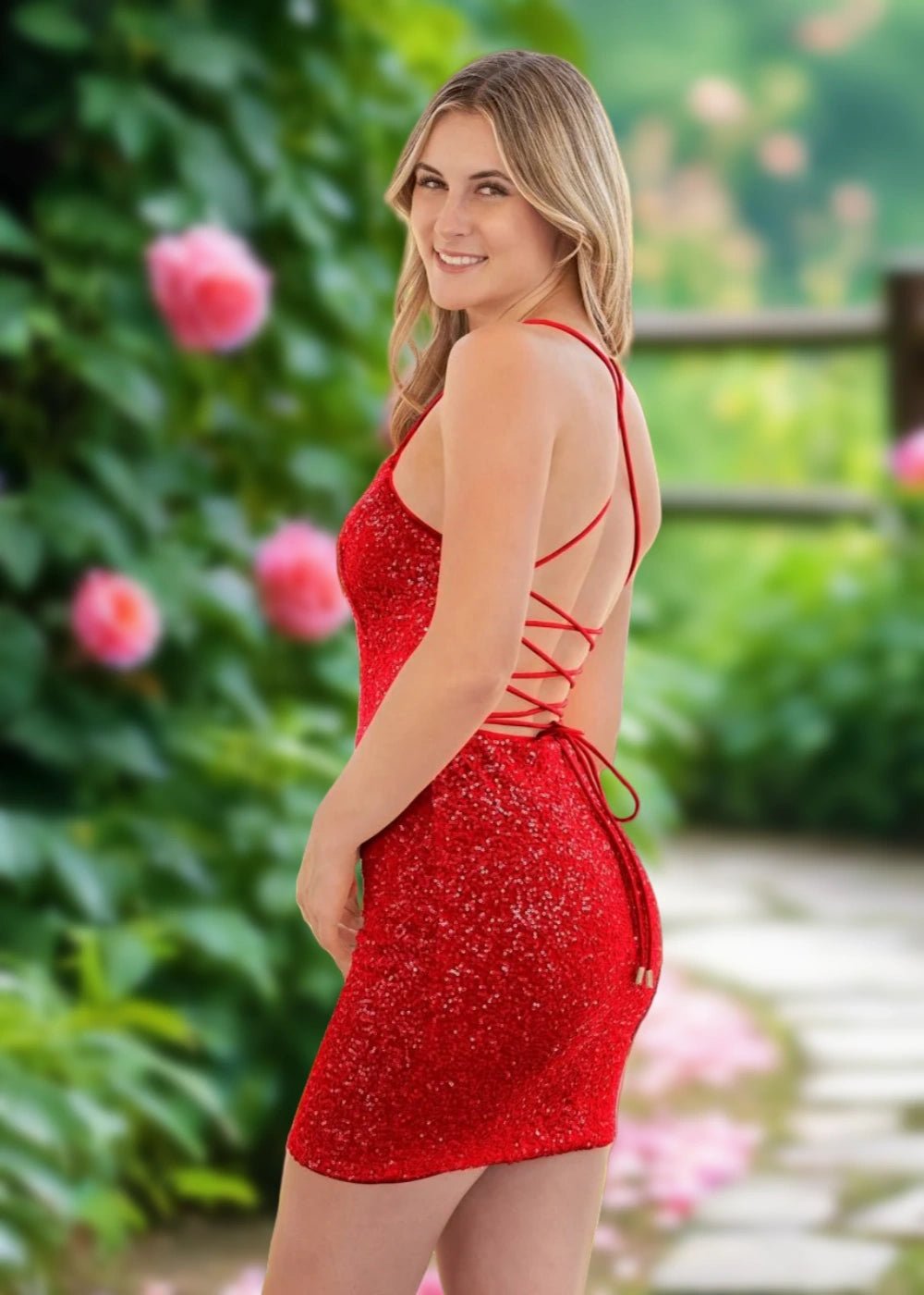 Arlene | Bodycon Orange Sequin Open Back Homecoming Dress - Stylish Scoop Neck Designs - Red - PromDressClub