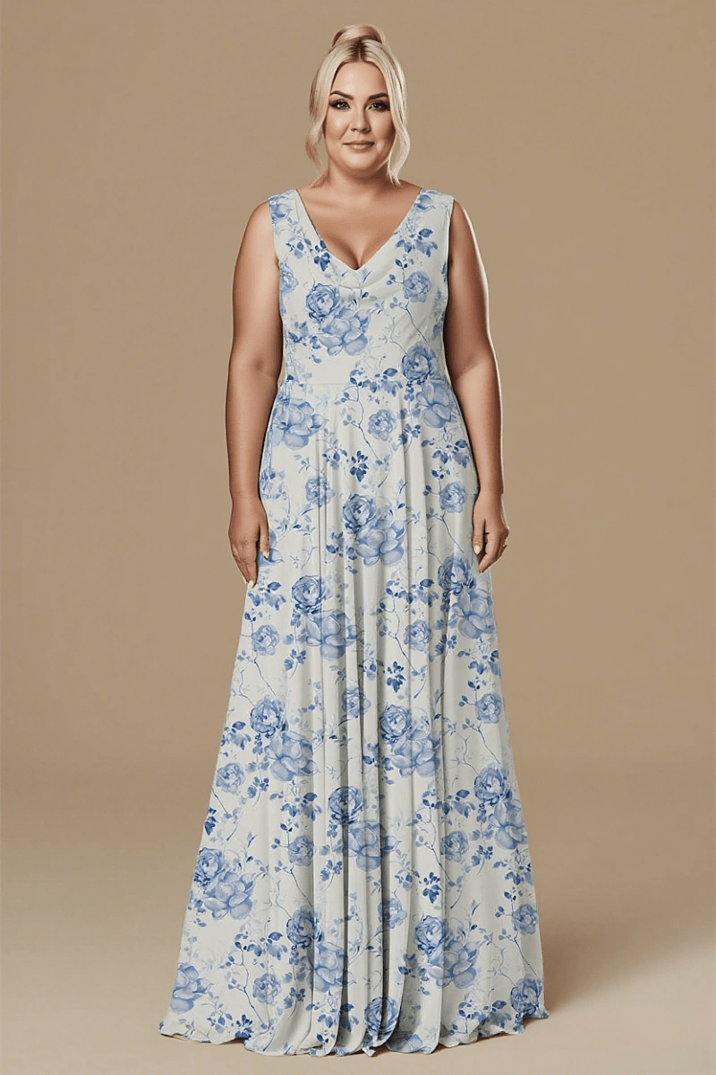 Astounding Aura Blue Floral Bridesmaid Dress: Flattering & Comfortable Wedding Wear - Blue Floral - PromDressClub