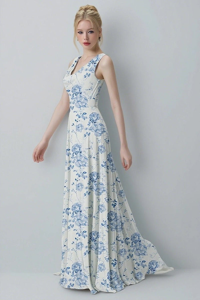 Astounding Aura Blue Floral Bridesmaid Dress: Flattering & Comfortable Wedding Wear - Blue Floral - PromDressClub