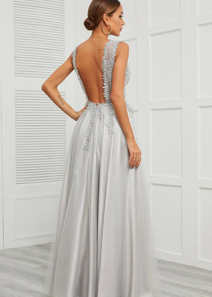Astrid | Deep V Neck Long Grey Prom Dress with A - Line Appliques - Grey - PromDressClub