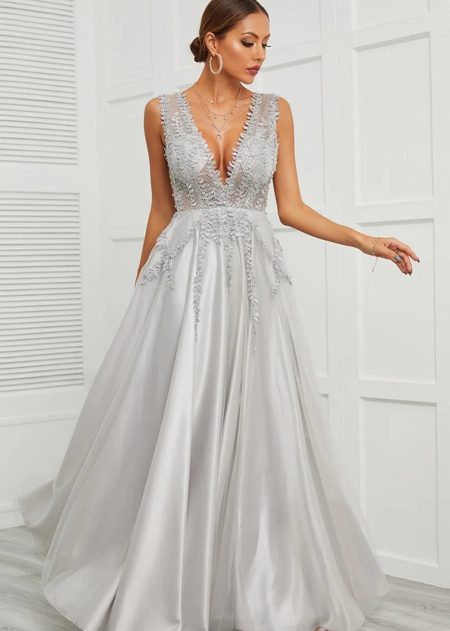 Astrid | Deep V Neck Long Grey Prom Dress with A - Line Appliques - Grey - PromDressClub