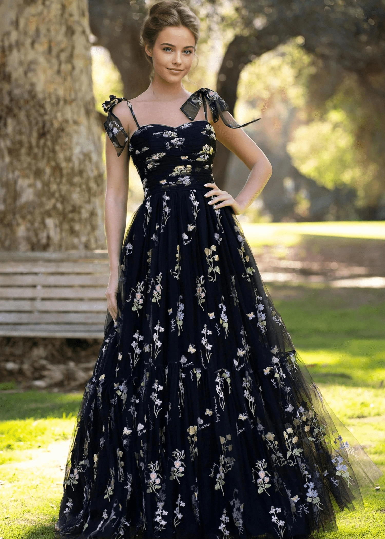 Black Floral Formal Dresses Long A Line Sweetheart Tulle Embroidery
