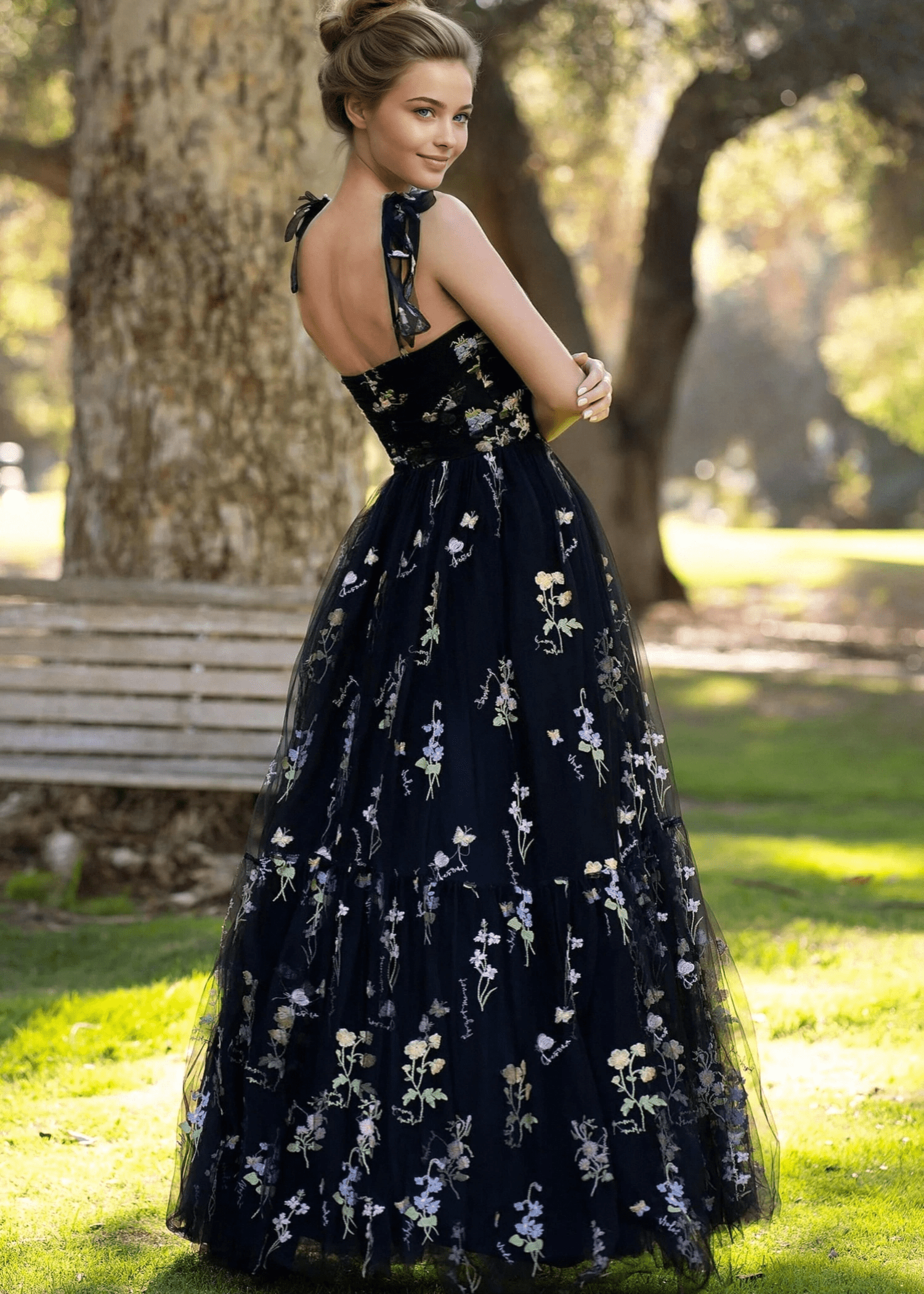 Athena | Black Floral Corset A Line Flower Prom Dress with Bow - Black Floral - PromDressClub