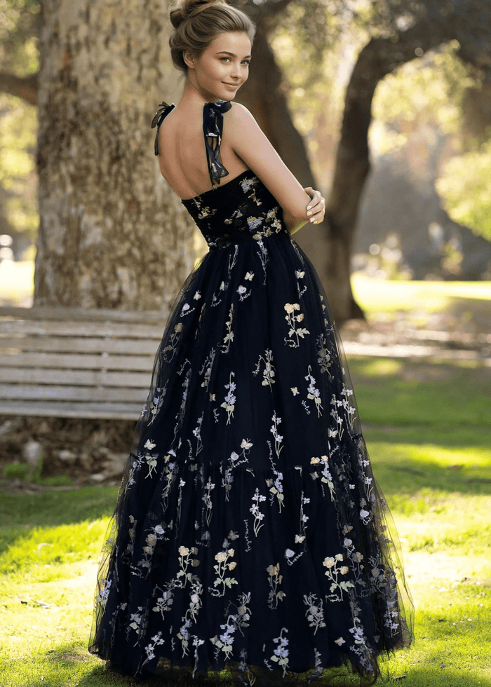 Athena | Black Floral Corset A Line Flower Prom Dress with Bow - Black Floral - PromDressClub