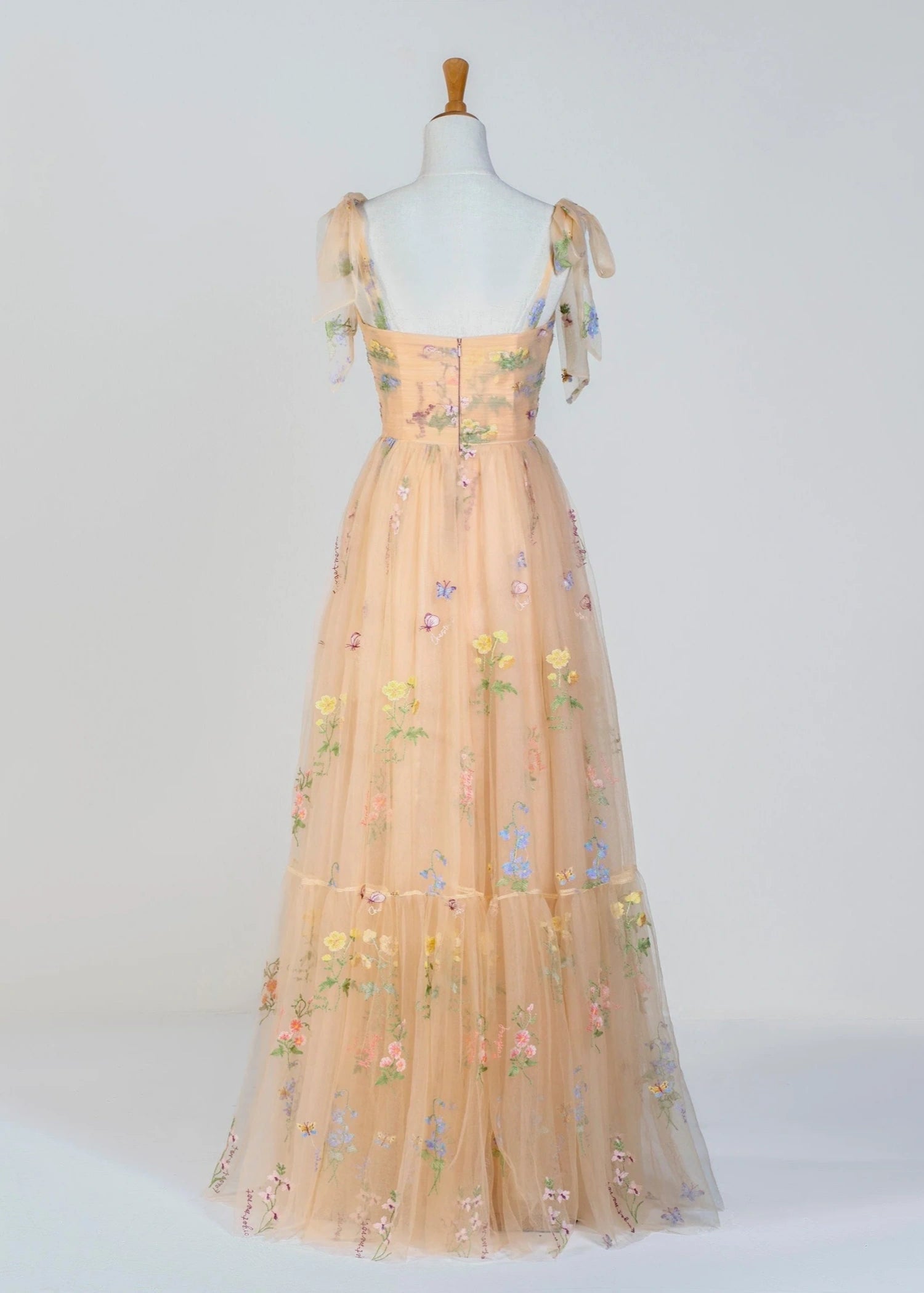 Athena | Black Floral Corset A Line Flower Prom Dress with Bow - Champagne Floral - PromDressClub