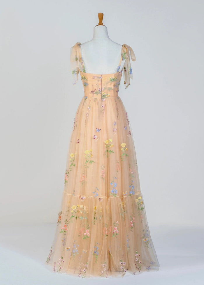 Athena | Black Floral Corset A Line Flower Prom Dress with Bow - Champagne Floral - PromDressClub