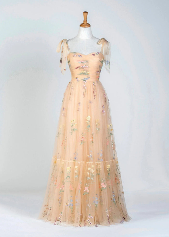 Athena | Black Floral Corset A Line Flower Prom Dress with Bow - Champagne Floral - PromDressClub