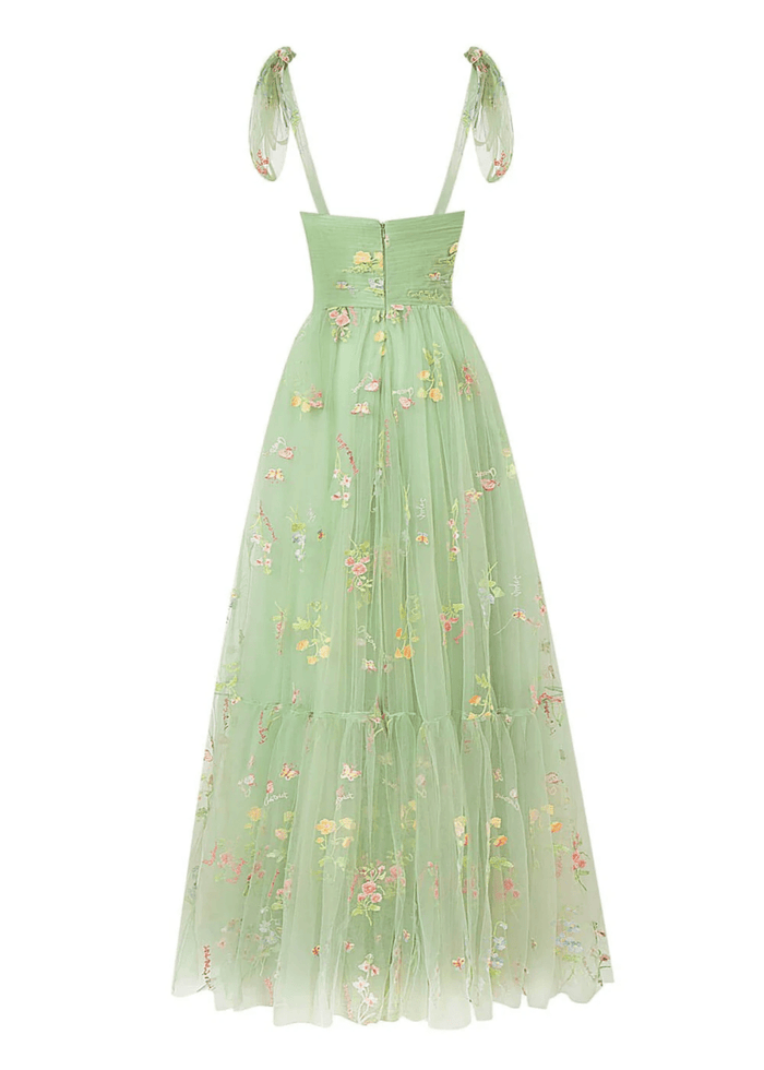 Athena | Black Floral Corset A Line Flower Prom Dress with Bow - Sage Floral - PromDressClub