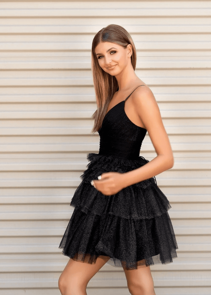 Audrey | A Line Light Pink Tulle Corset Tiered Ruffle Short Homecoming Dress - Black - PromDressClub