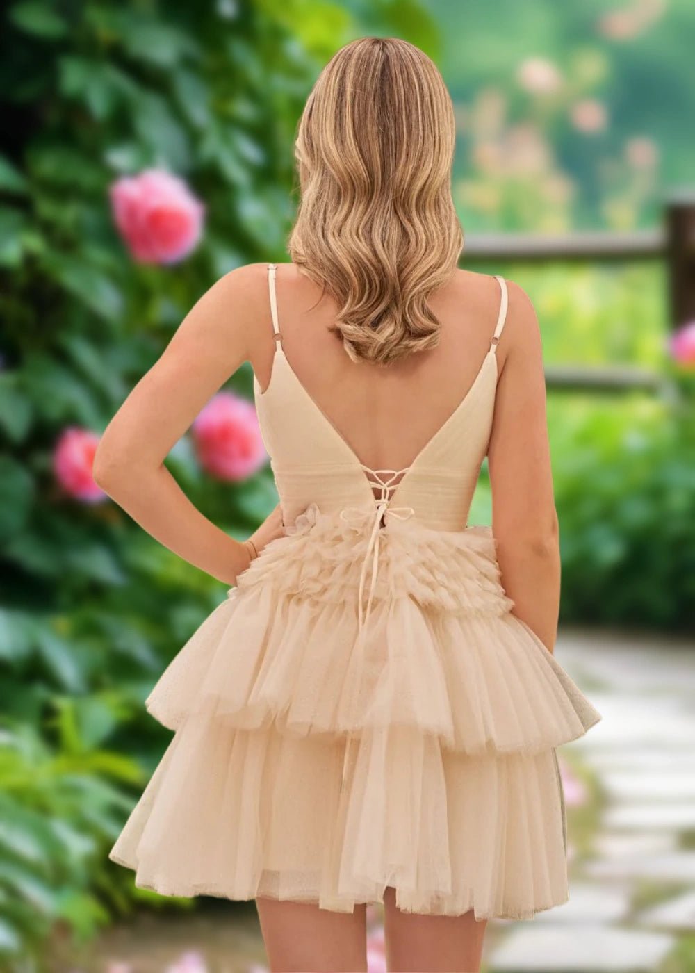Audrey | A Line Light Pink Tulle Corset Tiered Ruffle Short Homecoming Dress - Champagne - PromDressClub