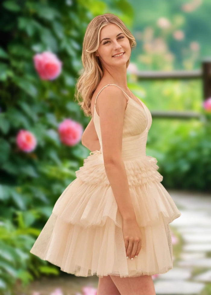 Audrey | A Line Light Pink Tulle Corset Tiered Ruffle Short Homecoming Dress - Champagne - PromDressClub