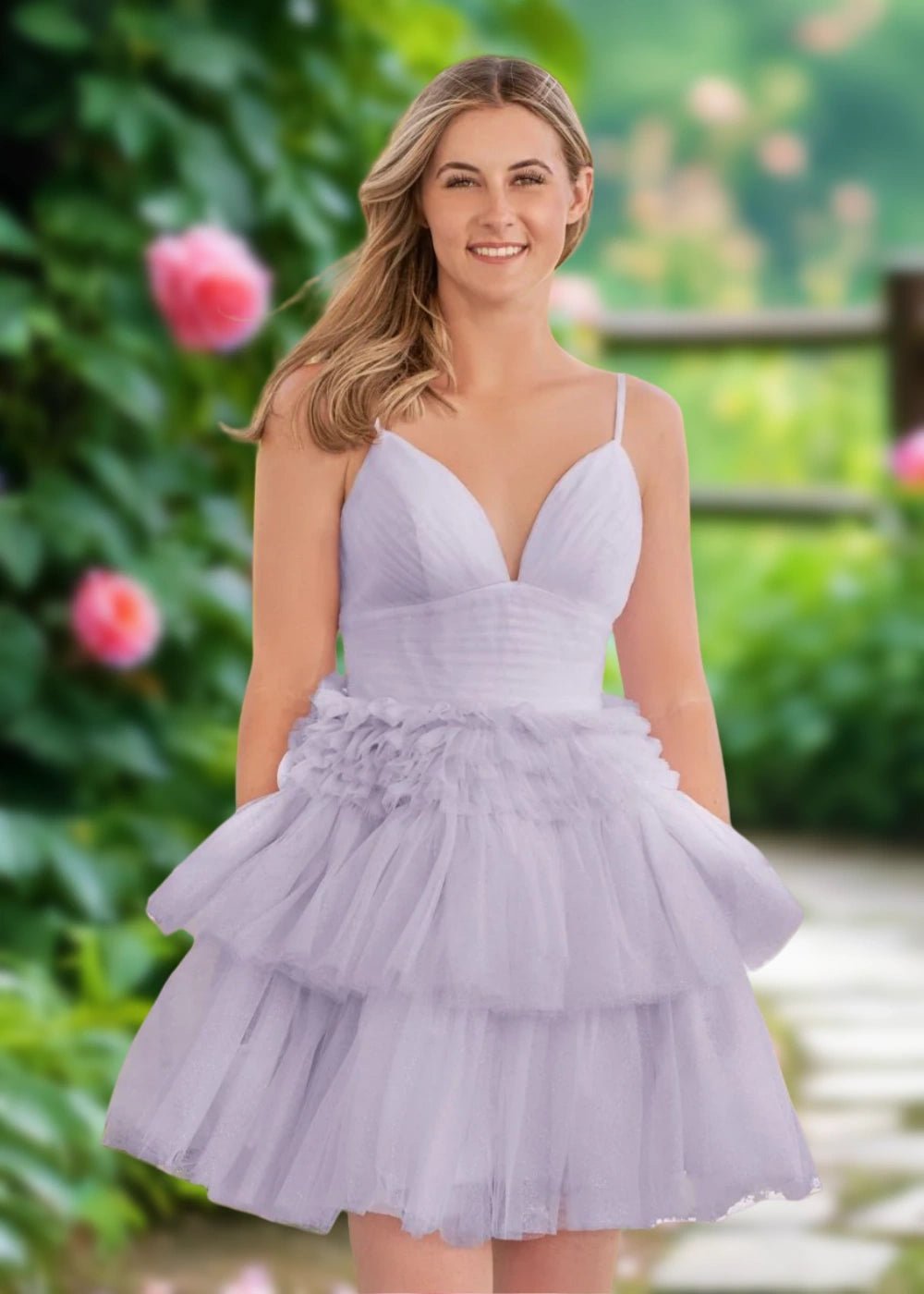 Audrey | A Line Light Pink Tulle Corset Tiered Ruffle Short Homecoming Dress - Lavender - PromDressClub