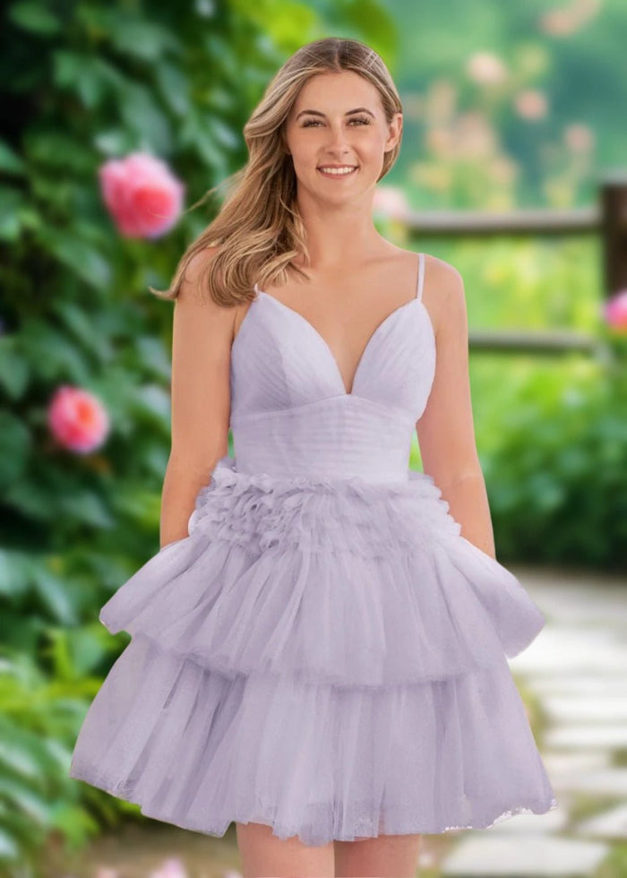 Audrey | A Line Light Pink Tulle Corset Tiered Ruffle Short Homecoming Dress - Lavender - PromDressClub
