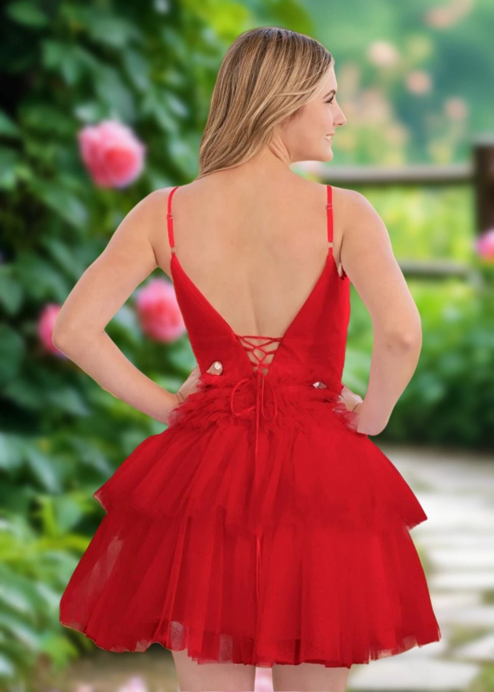 Audrey | A Line Light Pink Tulle Corset Tiered Ruffle Short Homecoming Dress - Red - PromDressClub