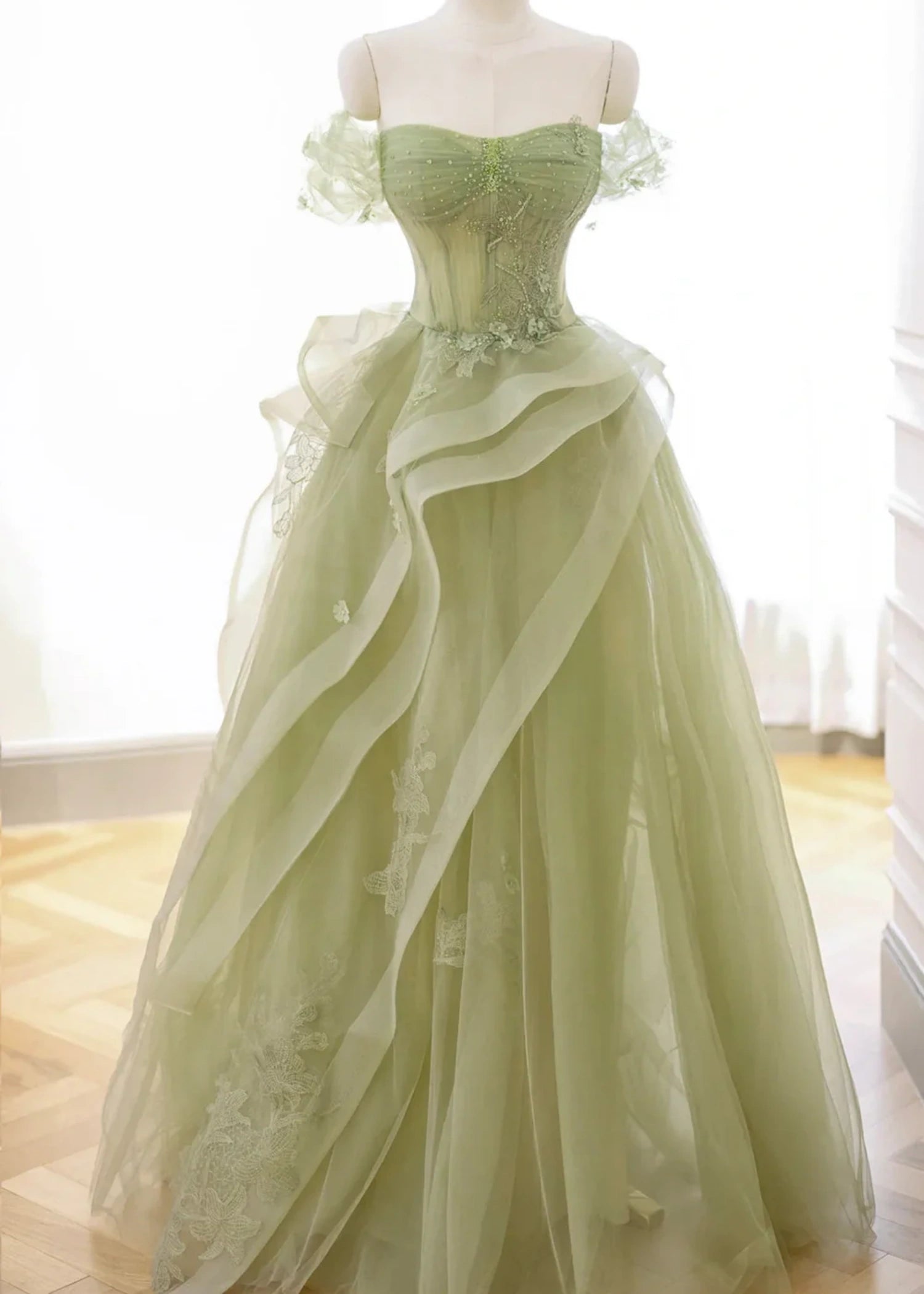 Audrey | A Line/Princess Sage Green Off the Shoulder Corset Ruffle Prom Dress - Sage Green - PromDressClub