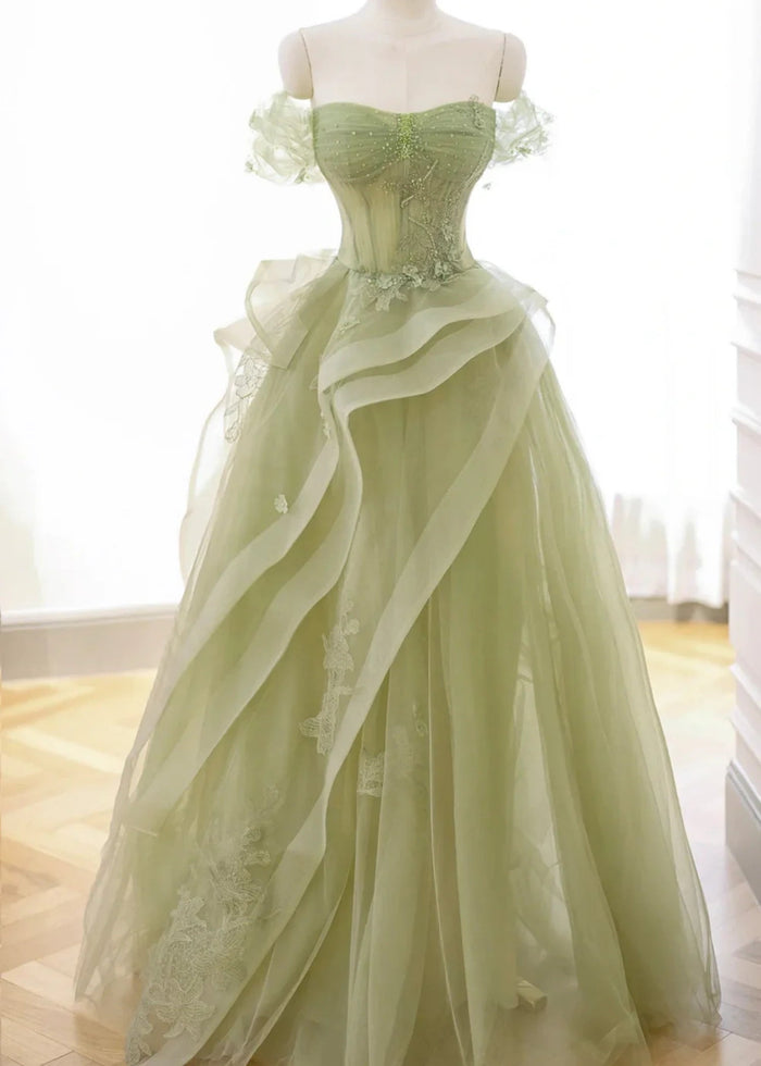 Audrey | A Line/Princess Sage Green Off the Shoulder Corset Ruffle Prom Dress - Sage Green - PromDressClub