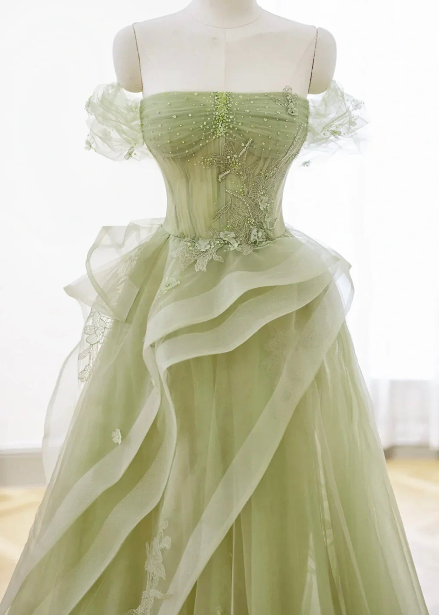 Audrey | A Line/Princess Sage Green Off the Shoulder Corset Ruffle Prom Dress - Sage Green - PromDressClub