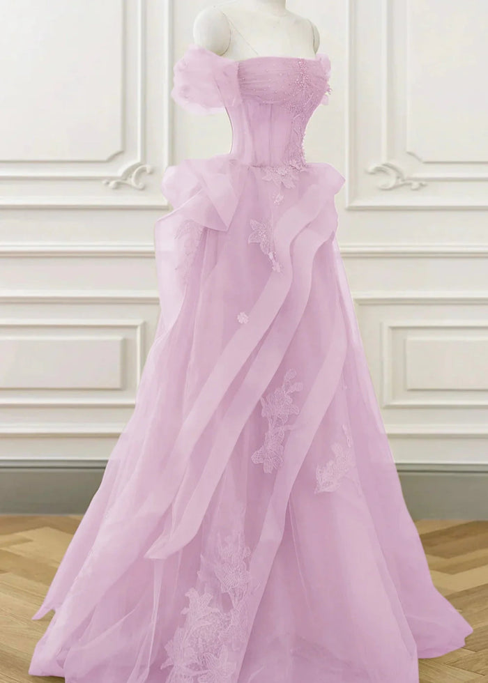 Audrey | A Line/Princess Sage Green Off the Shoulder Corset Ruffle Prom Dress - Light Pink - PromDressClub