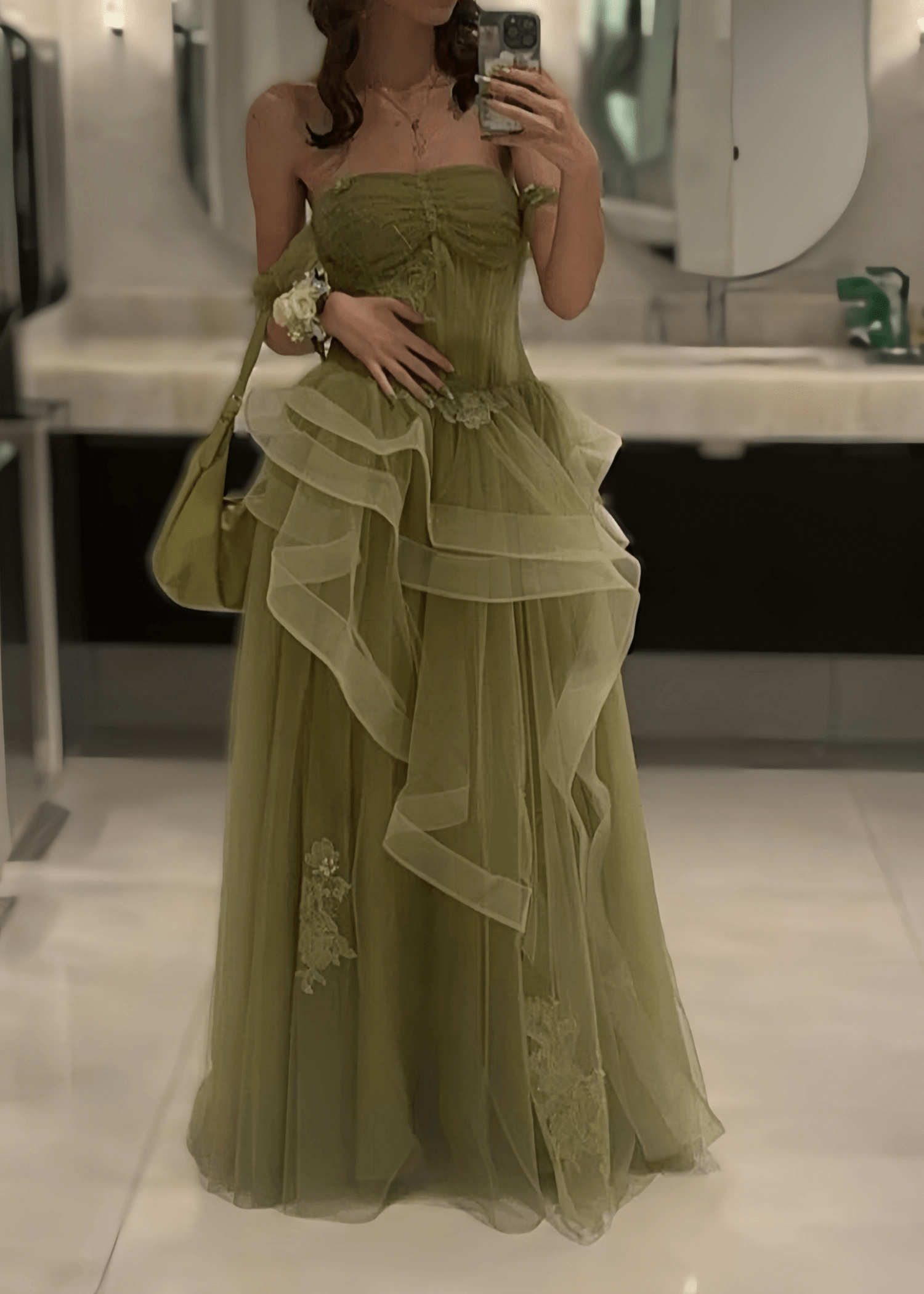 Audrey | A Line/Princess Sage Green Off the Shoulder Corset Ruffle Prom Dress - Sage Green - PromDressClub