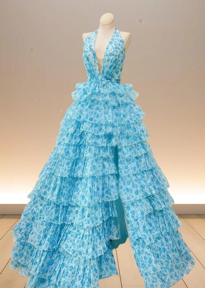 Audrey | Light Pink Floral Tulle Halter Neck Formal Dress Ruffles - Light Blue Floral - PromDressClub