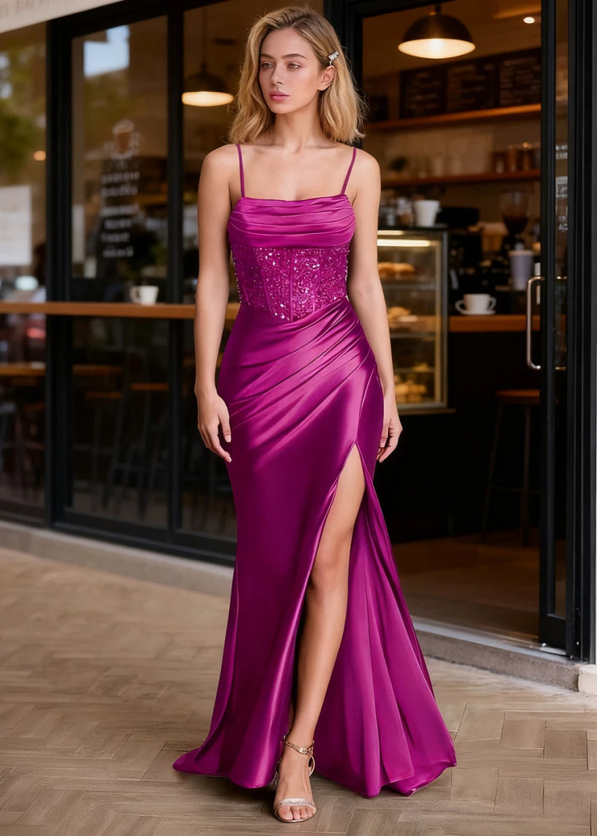 Aureate Fuchsia Mermaid Pleated Prom Dress | Cowl Neck Corset Sequins Dress with Slit - US0 - PromDressClub