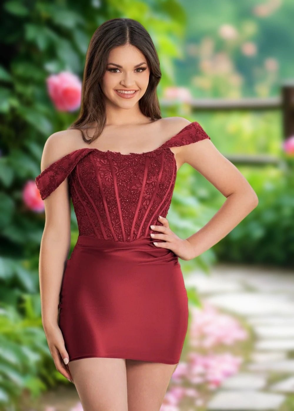 Aurora | Bodycon Navy Blue Lace Off the Shoulder Corset Mini Homecoming Dress - Burgundy - PromDressClub