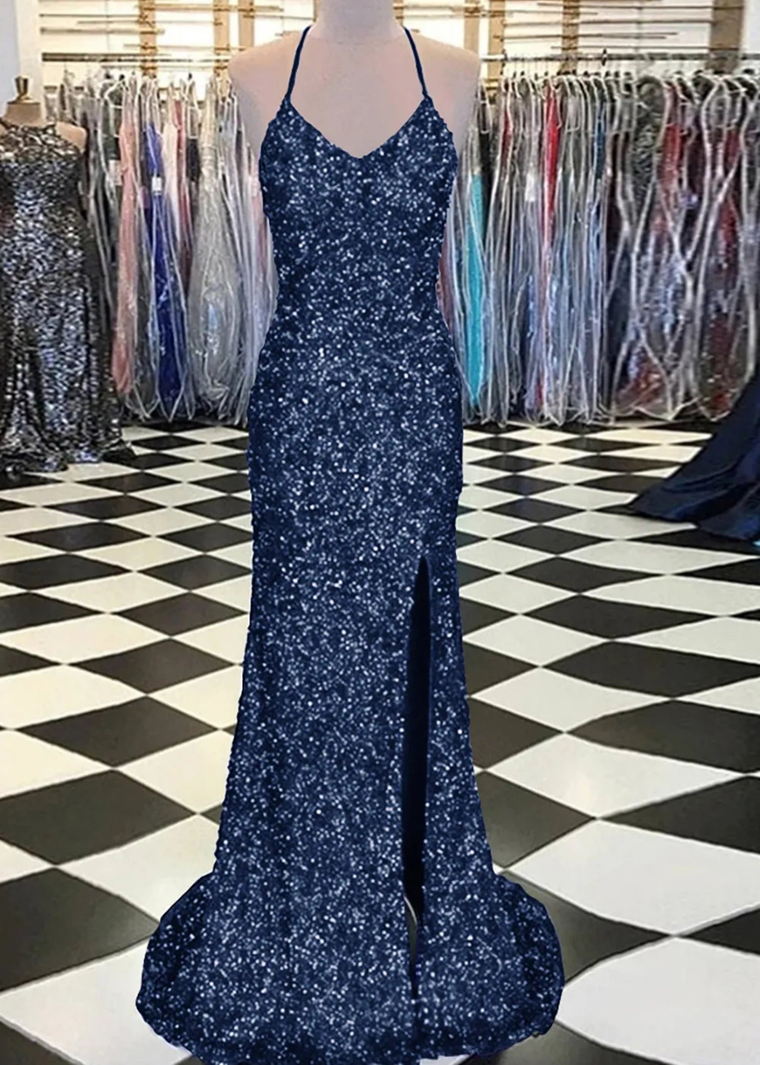 Aurora | Mermaid Long Royal Blue Prom Dress With Sequin Slit - Navy Blue - PromDressClub