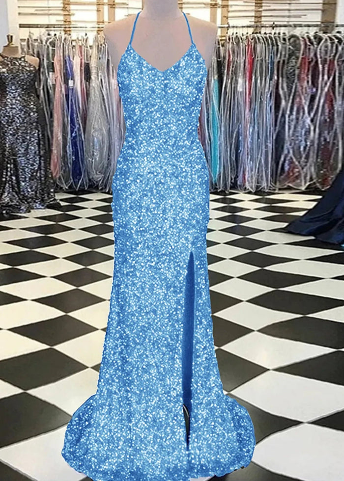 Aurora | Mermaid Long Royal Blue Prom Dress With Sequin Slit - Sky Blue - PromDressClub