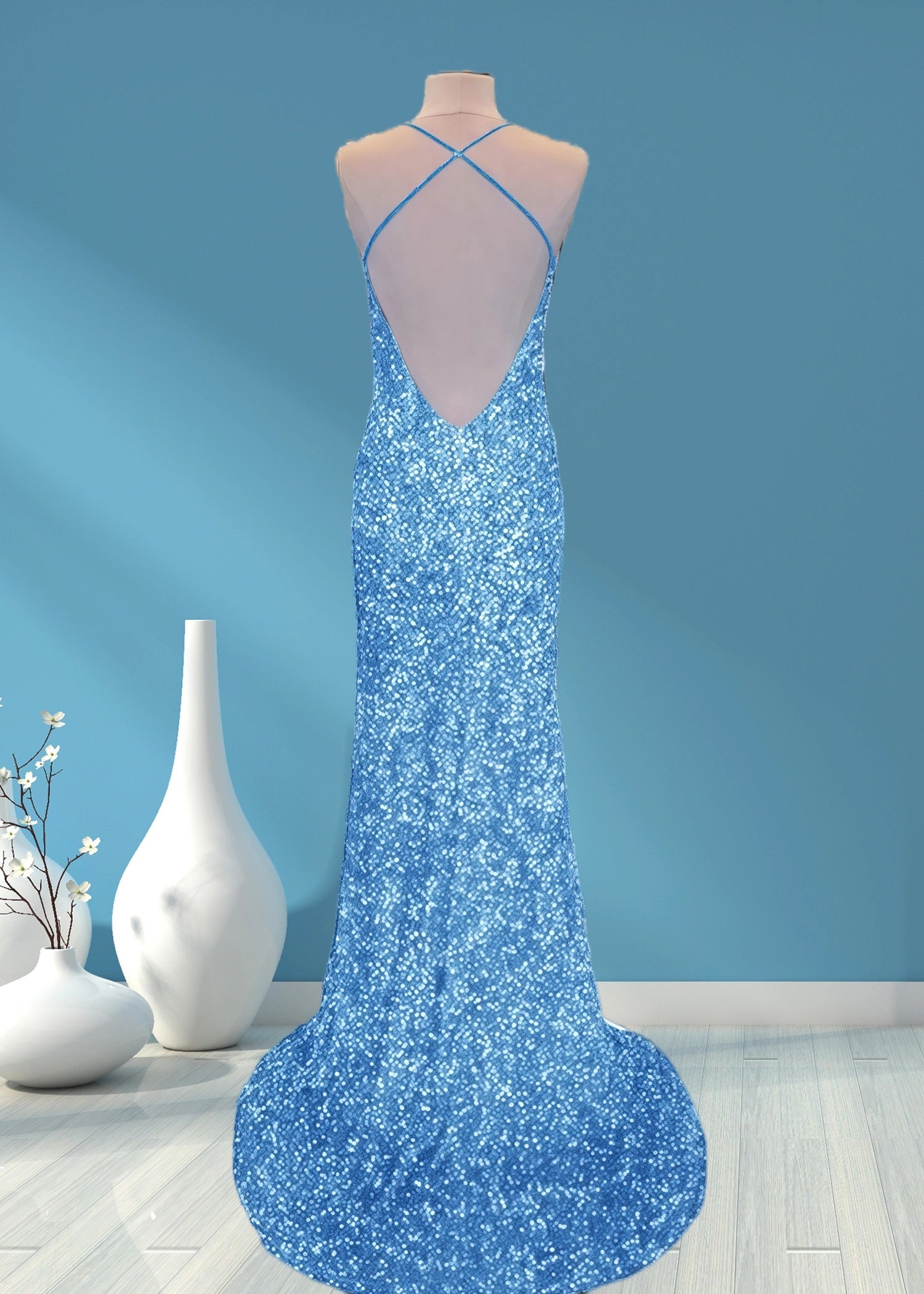 Aurora | Mermaid Long Royal Blue Prom Dress With Sequin Slit - Sky Blue - PromDressClub