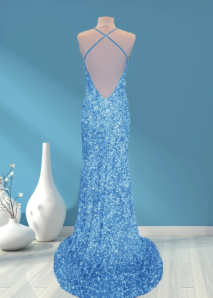 Aurora | Mermaid Long Royal Blue Prom Dress With Sequin Slit - Sky Blue - PromDressClub