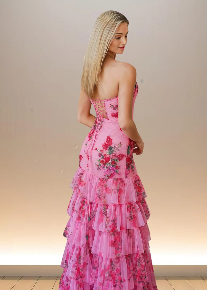 Aurora | Pink Floral Mermaid Sequin Strapless Ruffle Formal Dress with Slit - Pink Floral - PromDressClub