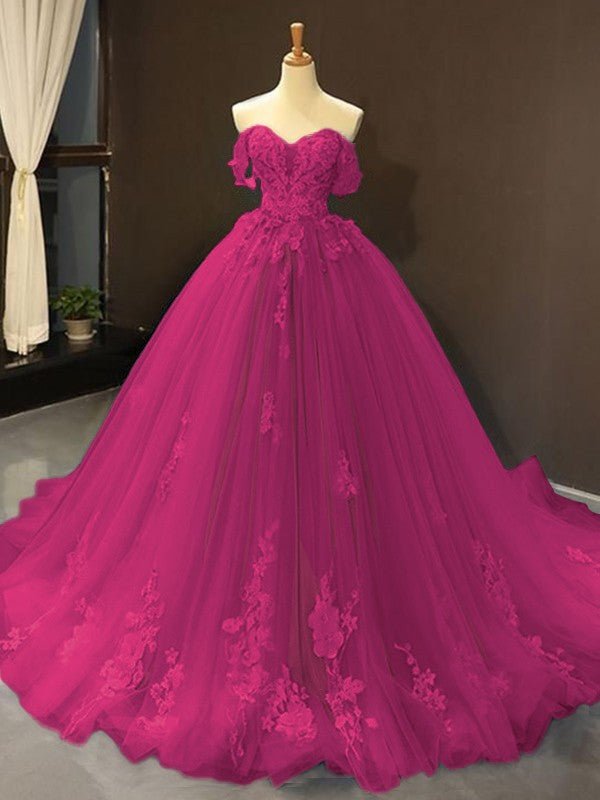 Selena | Sky Blue Prom Dresses Long Ball Gown Tulle Off - the - Shoulder Sleeveless Applique - Dark Navy - PromDressClub