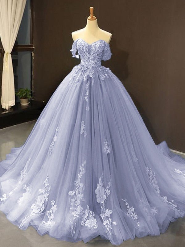 Selena | Sky Blue Prom Dresses Long Ball Gown Tulle Off - the - Shoulder Sleeveless Applique - Dark Navy - PromDressClub