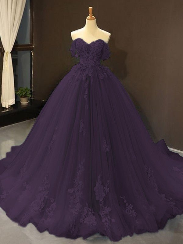 Selena | Sky Blue Prom Dresses Long Ball Gown Tulle Off - the - Shoulder Sleeveless Applique - Dark Navy - PromDressClub