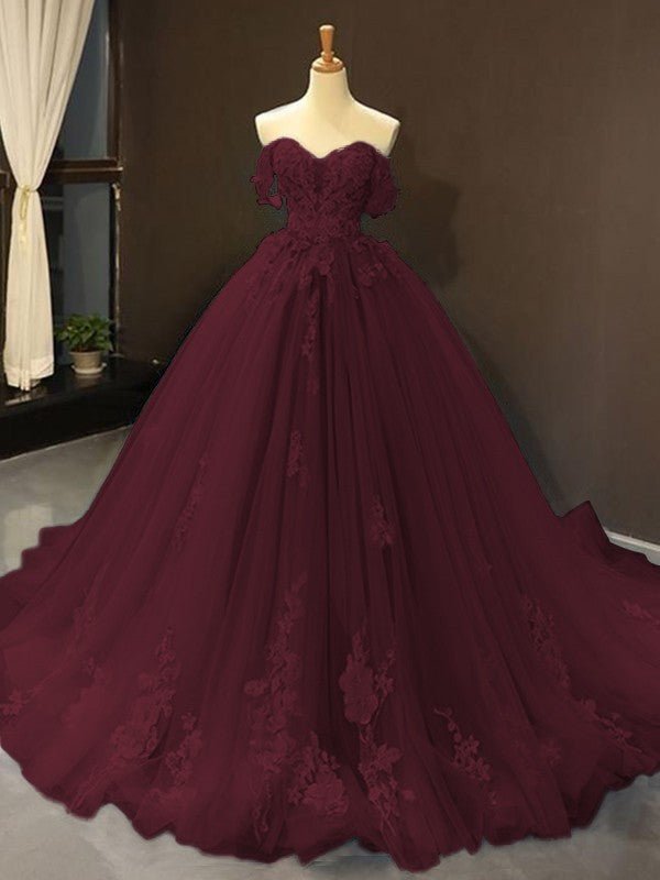 Selena | Sky Blue Prom Dresses Long Ball Gown Tulle Off - the - Shoulder Sleeveless Applique - Cabernet - PromDressClub