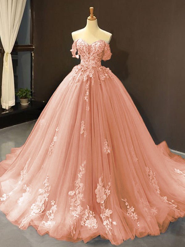 Selena | Sky Blue Prom Dresses Long Ball Gown Tulle Off - the - Shoulder Sleeveless Applique - Coral - PromDressClub