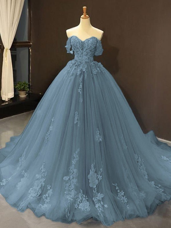 Selena | Sky Blue Prom Dresses Long Ball Gown Tulle Off - the - Shoulder Sleeveless Applique - Dark Navy - PromDressClub