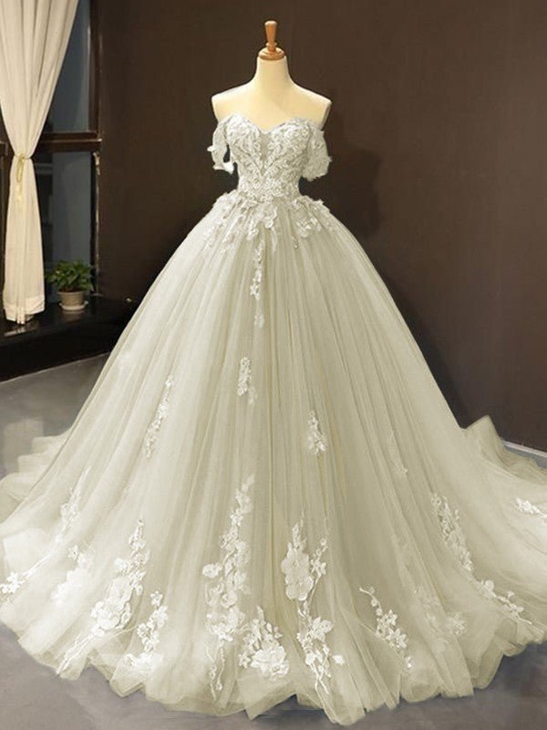 Selena | Sky Blue Prom Dresses Long Ball Gown Tulle Off - the - Shoulder Sleeveless Applique - Dark Navy - PromDressClub