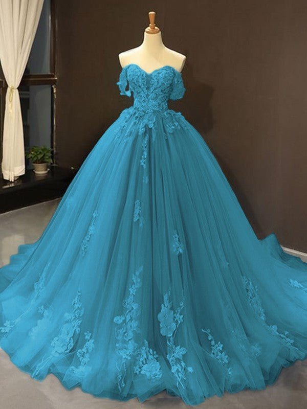Selena | Sky Blue Prom Dresses Long Ball Gown Tulle Off - the - Shoulder Sleeveless Applique - Dark Navy - PromDressClub