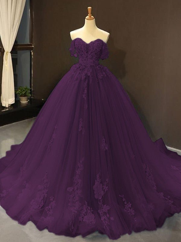 Selena | Sky Blue Prom Dresses Long Ball Gown Tulle Off - the - Shoulder Sleeveless Applique - Dark Navy - PromDressClub
