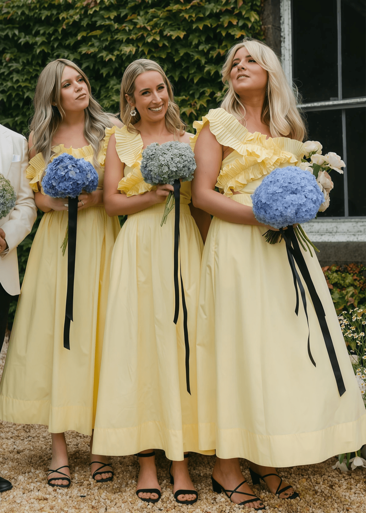 Barbara | Chic A - Line Ruffles Backless Pale Yellow Satin Maxi Bridesmaid Dress with Off the Shoulder - Price #price_variant_lowest# - Pale Yellow - PromDressClub