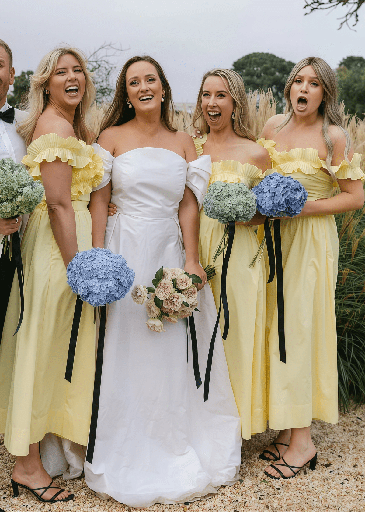 Barbara | Chic A - Line Ruffles Backless Pale Yellow Satin Maxi Bridesmaid Dress with Off the Shoulder - Price #price_variant_lowest# - Pale Yellow - PromDressClub