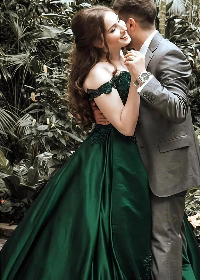 Beatrice | A - Line Lace Green Prom Dress With Off Shoulder - Green - PromDressClub
