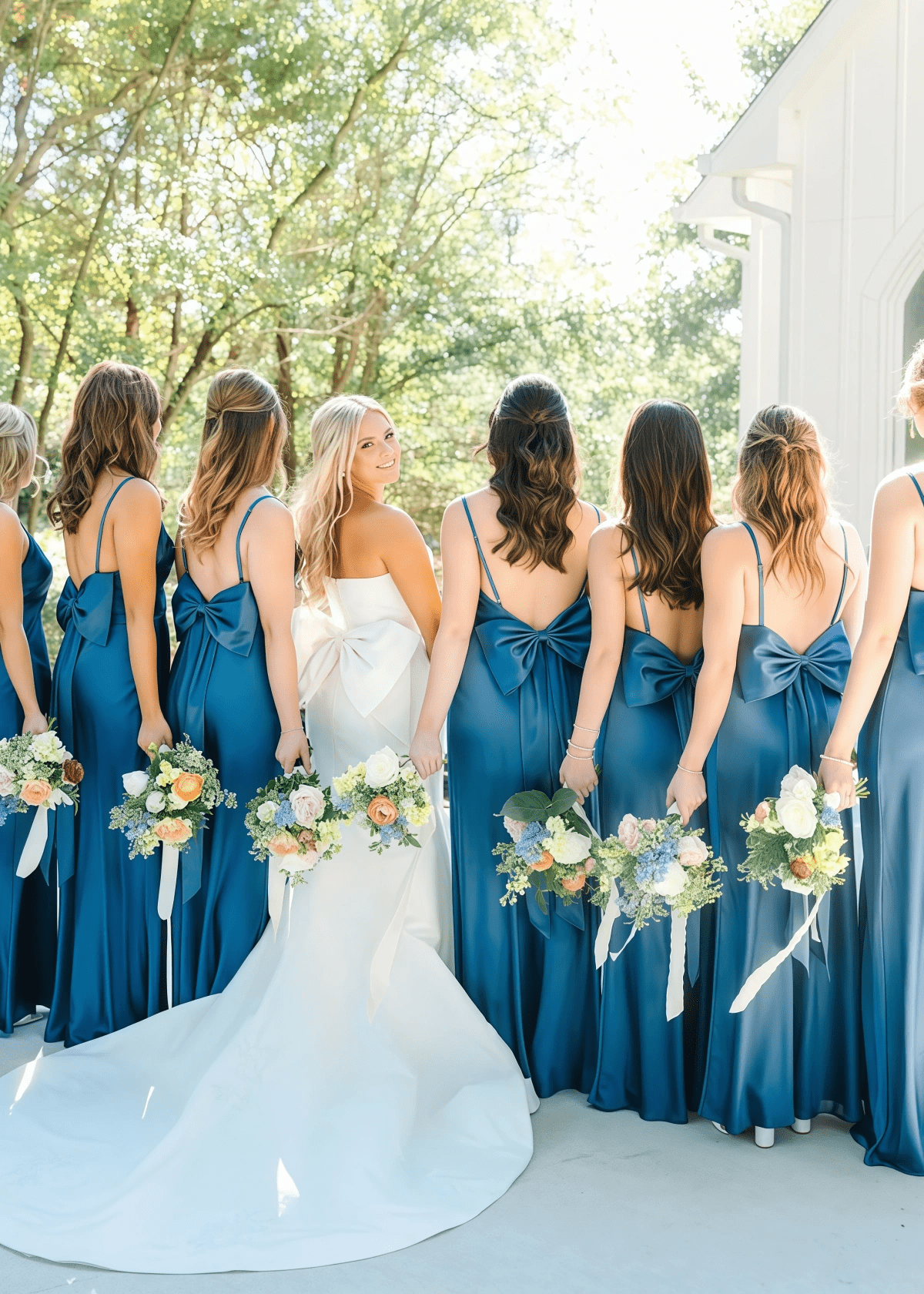 Beatrice | Heavenly Hues Sheath Bows Back Ink Blue Satin Maxi Bridesmaid Dress with Slit and Spaghetti Straps - Price #price_variant_lowest# - Ink Blue - PromDressClub