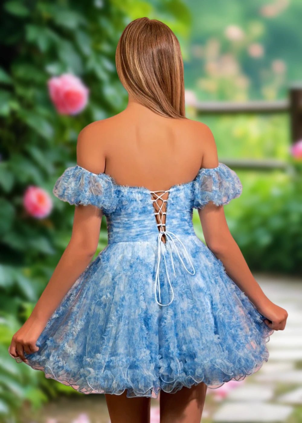 Bernadette | A Line Light Blue Floral Tulle Puff Sleeve Strapless Homecoming Dress with Ruffles - Light Blue Floral - PromDressClub