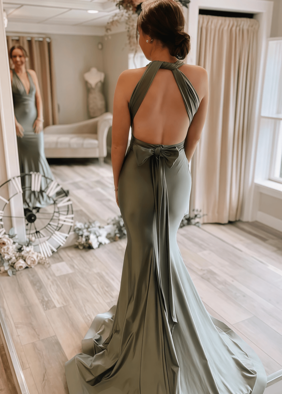 Bernice | Amazing Evening Trumpet Bows Backless Sage Green Satin Maxi Formal Dress with Deep V - Neck - Price #price_variant_lowest# - Sage - PromDressClub