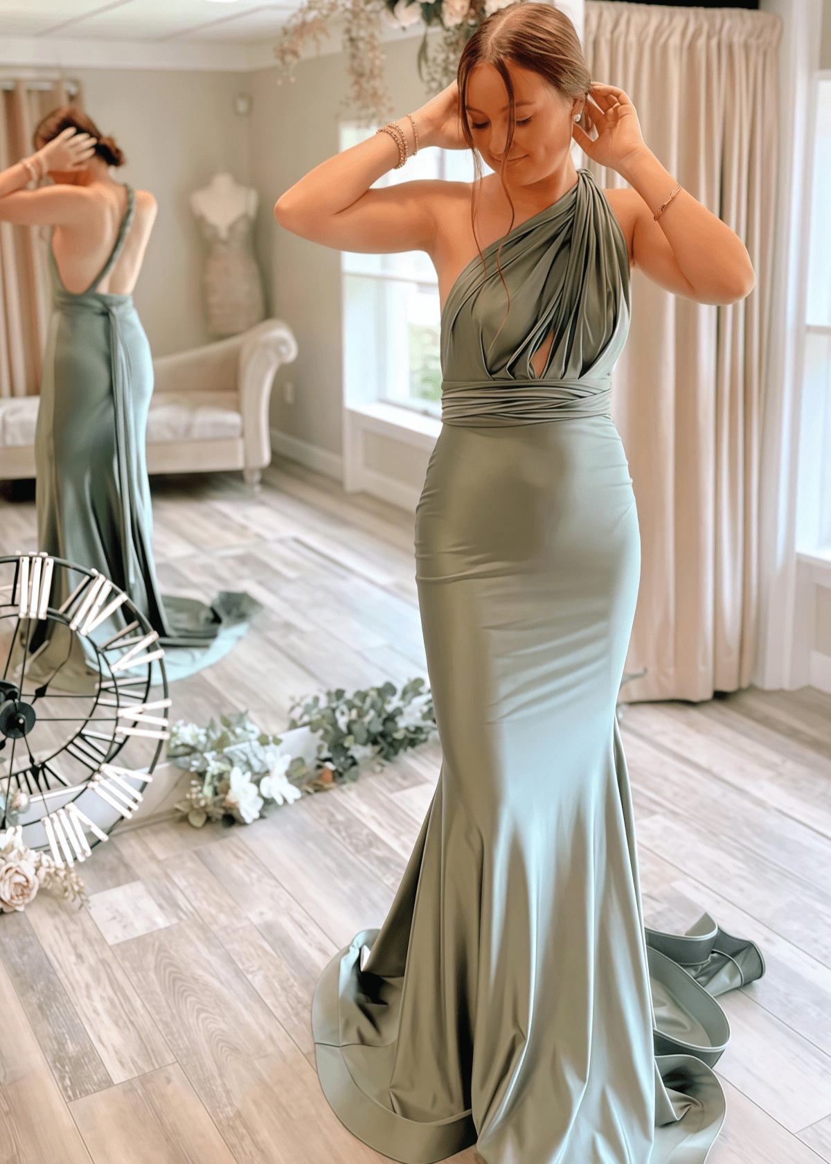 Bernice | Amazing Evening Trumpet Bows Backless Sage Green Satin Maxi Formal Dress with Deep V - Neck - Price #price_variant_lowest# - Sage - PromDressClub